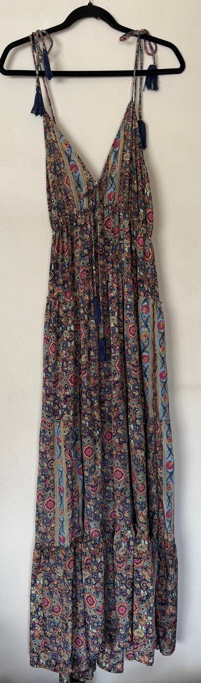 Raga Kavita Tie Tassel Maxi Dress Blue Pink Yellow Paisley Print Boho Sz S